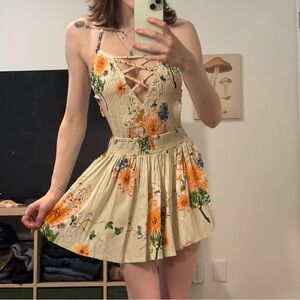Uluwatu Small Orange and Green Floral Halter Mini Sundress